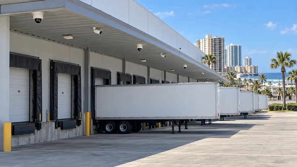 Warehouse loading docks with cameras mounted under the dock canopy covering trailers and dock doors.