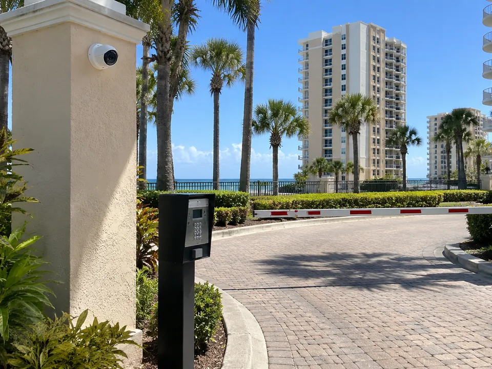Managed condominium vehicle entry lane in Daytona Beach with a gate arm, resident keypad and a camera mounted on the gate pillar.