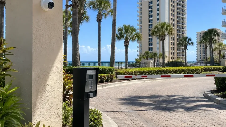 Managed condominium vehicle entry lane in Daytona Beach with a gate arm, resident keypad and a camera mounted on the gate pillar.