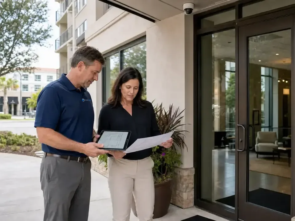 Property manager and Data Pro technician reviewing camera plans beneath an entrance camera.