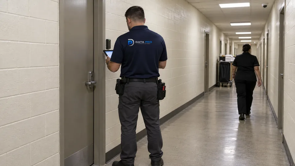 Data Pro technician commissioning a card reader at a hotel back-of-house staff door with a tablet