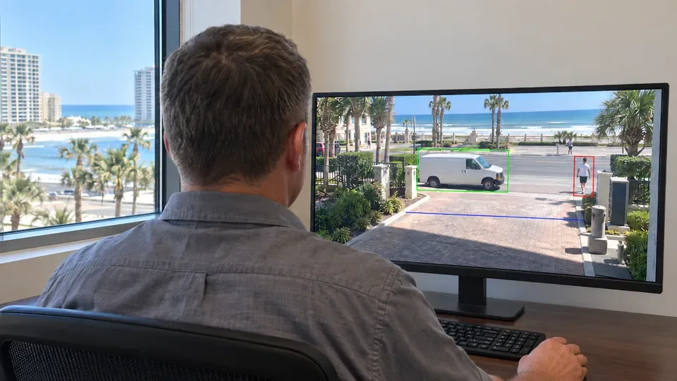 Property operator reviewing a video analytics screen with person and vehicle detection and a virtual line at an entrance