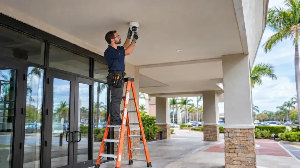 Data Pro technician on an orange ladder installing a dome camera beneath a commercial entrance canopy.
