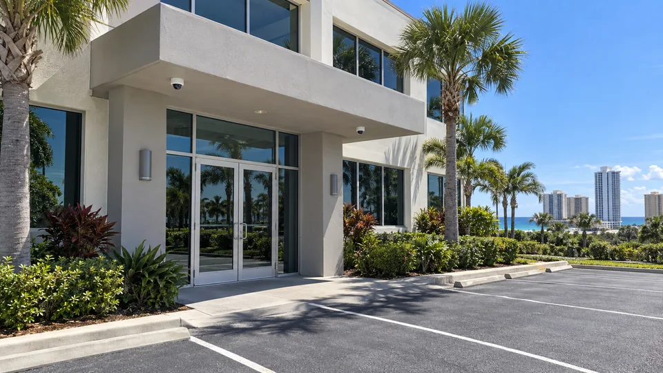 Commercial office entrance with two white dome cameras mounted flush under the canopy and palms beside the parking area