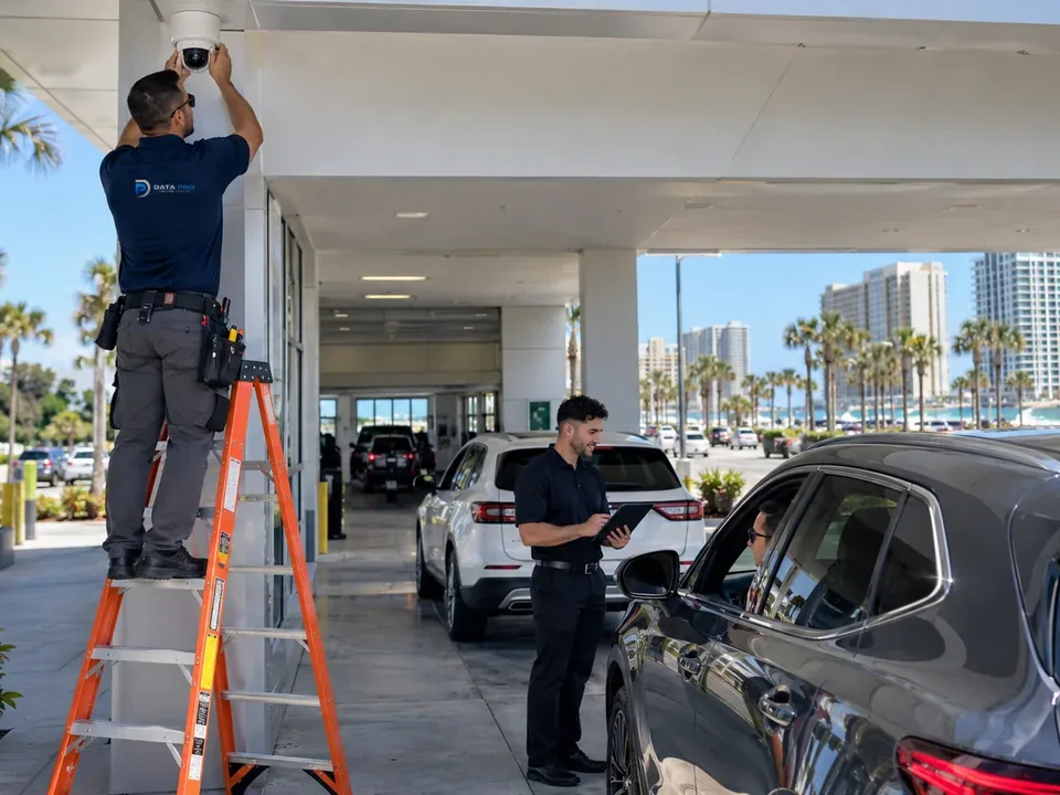 Data Pro technician on an orange ladder mounting a camera at a dealership service-lane entrance while a service advisor checks in a vehicle.