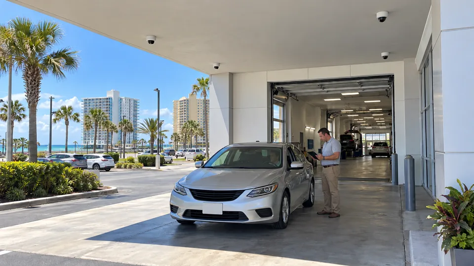 Dealership service drive entrance with white dome cameras flush under the canopy and a service advisor with a tablet