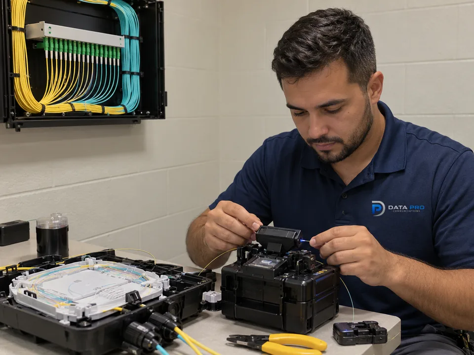 Data Pro technician fusion splicing fiber next to an open splice enclosure in a closed telecom room