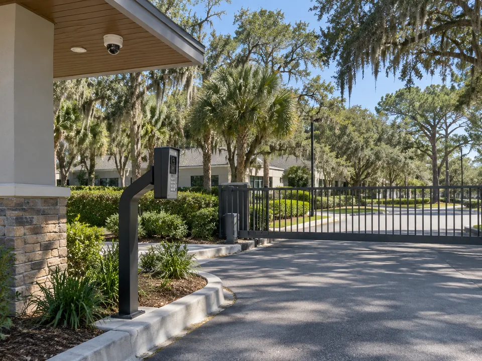 Office-park vehicle gate lane with a video intercom pedestal and a dome camera under the gate canopy among live oaks near DeBary