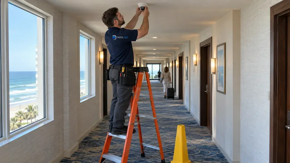 Data Pro technician on an orange ladder replacing a ceiling camera in an occupied oceanfront hotel corridor.
