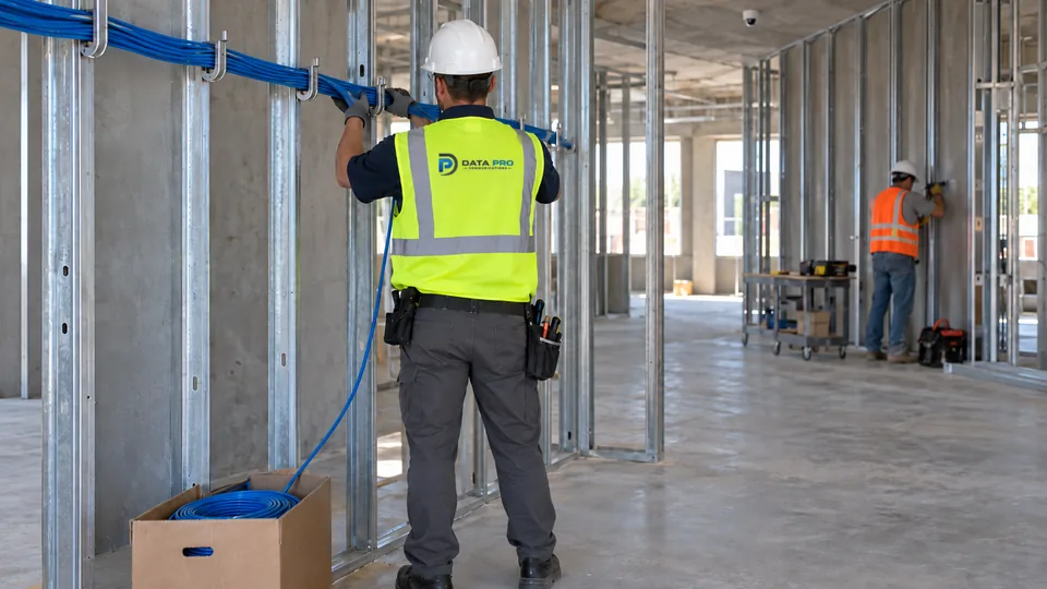 Data Pro technician in hard hat and vest pulling low-voltage cable through J-hooks on an active commercial jobsite
