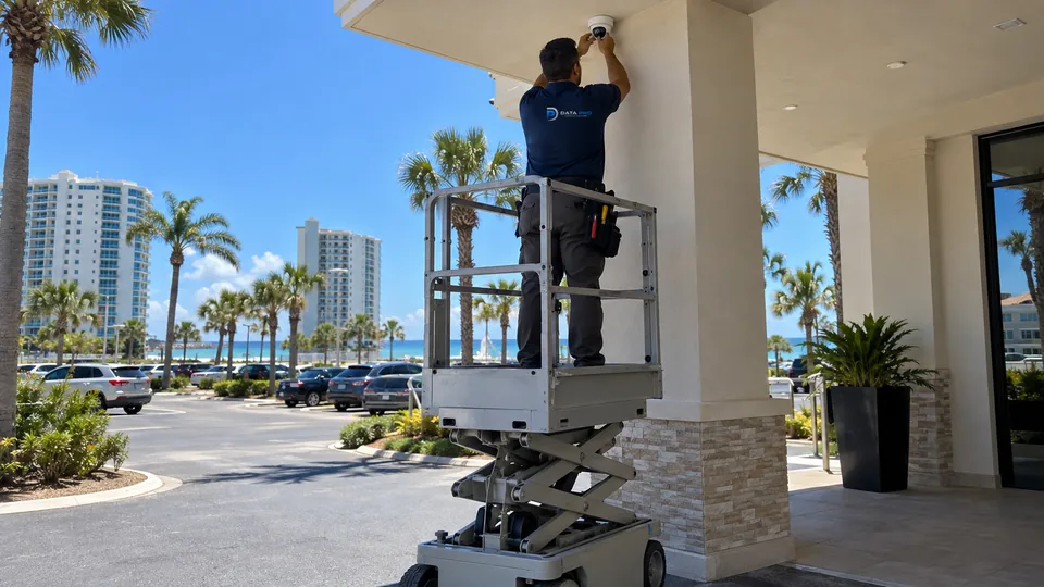 Data Pro technician on a scissor lift mounting a dome camera under a stucco commercial canopy