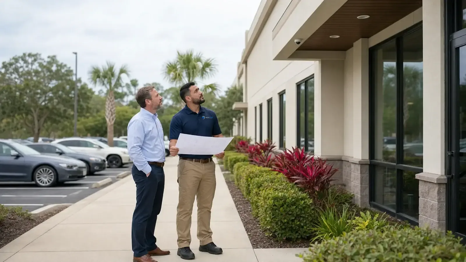 Illustrative security consultant and facilities manager surveying a commercial entrance camera.
