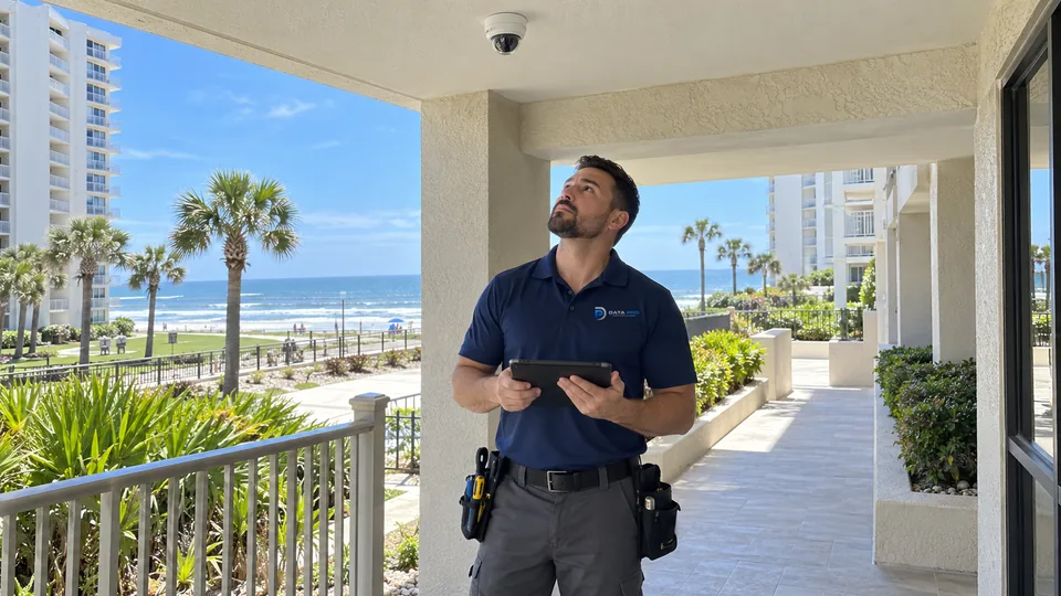Data Pro technician with a tablet checking a ceiling dome camera on an oceanfront condominium breezeway