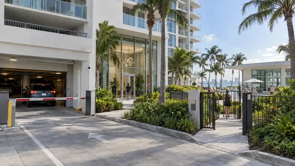 Illustrative managed coastal condominium showing garage, lobby and remote amenity access zones.