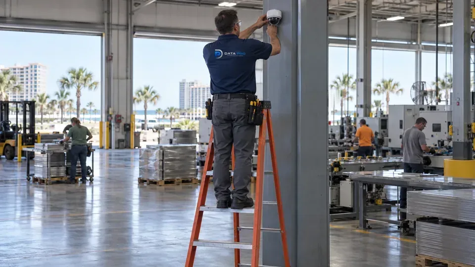 Data Pro technician on an orange ladder mounting a dome camera on a steel column in a manufacturing plant.