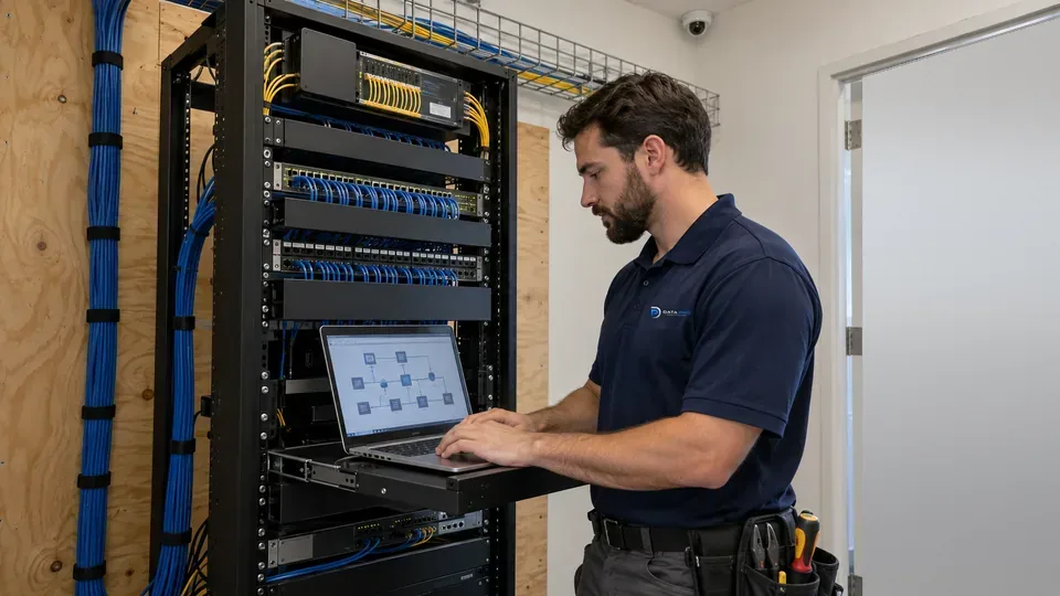 Data Pro technician checking a managed PoE switch stack and fiber uplinks against a network topology on a laptop.