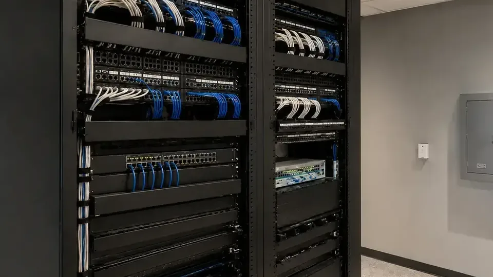 Commercial network equipment racks with patch panels, switches and organized cabling.