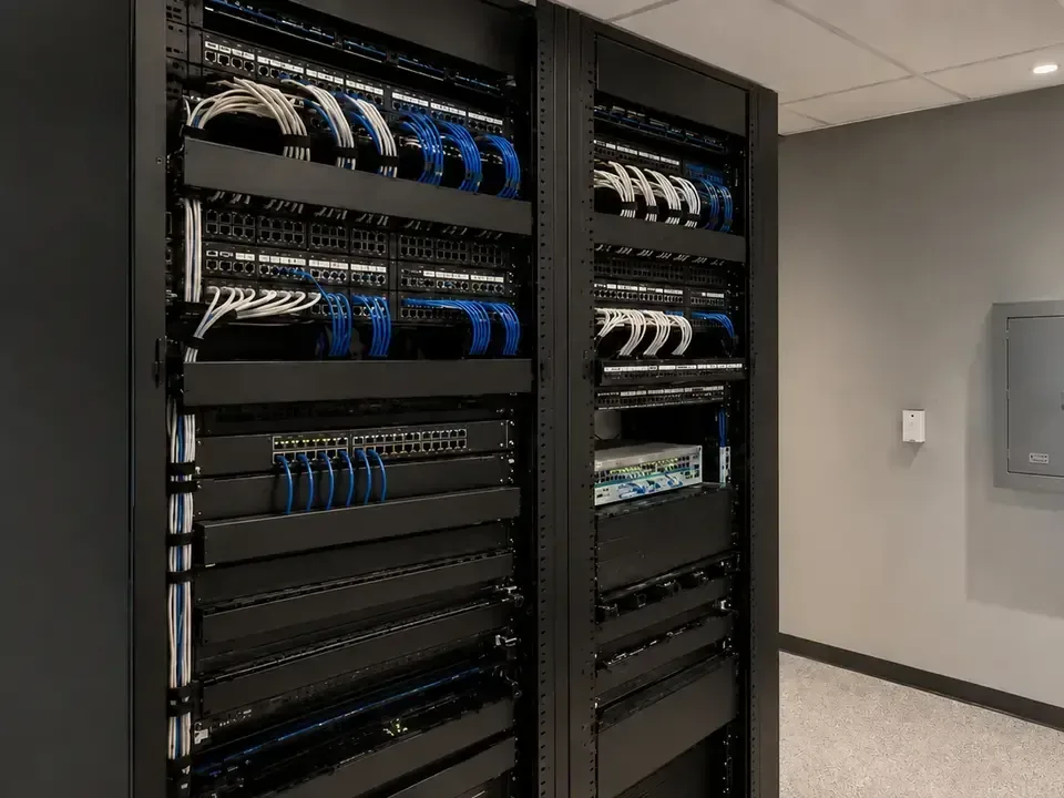 Commercial network equipment racks with patch panels, switches and organized cabling.