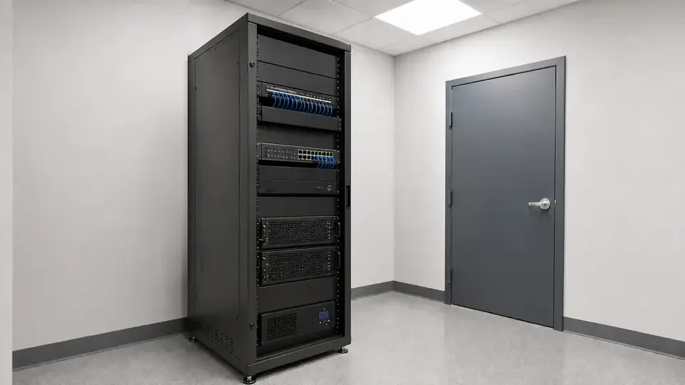 Illustrative dedicated equipment-room rack with network recorder, storage and organized patching.