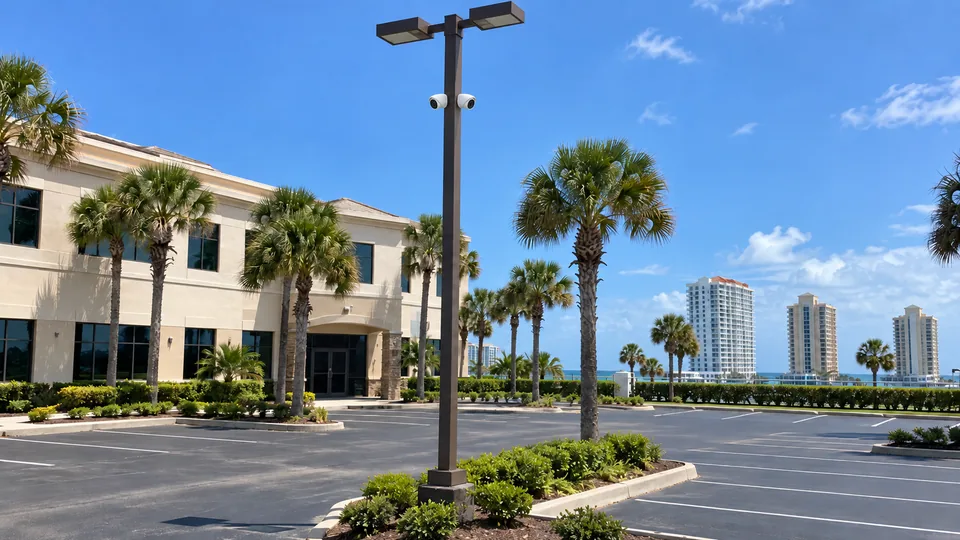 Office parking lot with two white cameras on flush round mounts on a light pole and palms along the lot