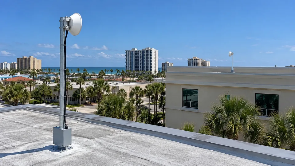 Two point-to-point radios on short masts aimed at each other across neighboring coastal commercial rooftops