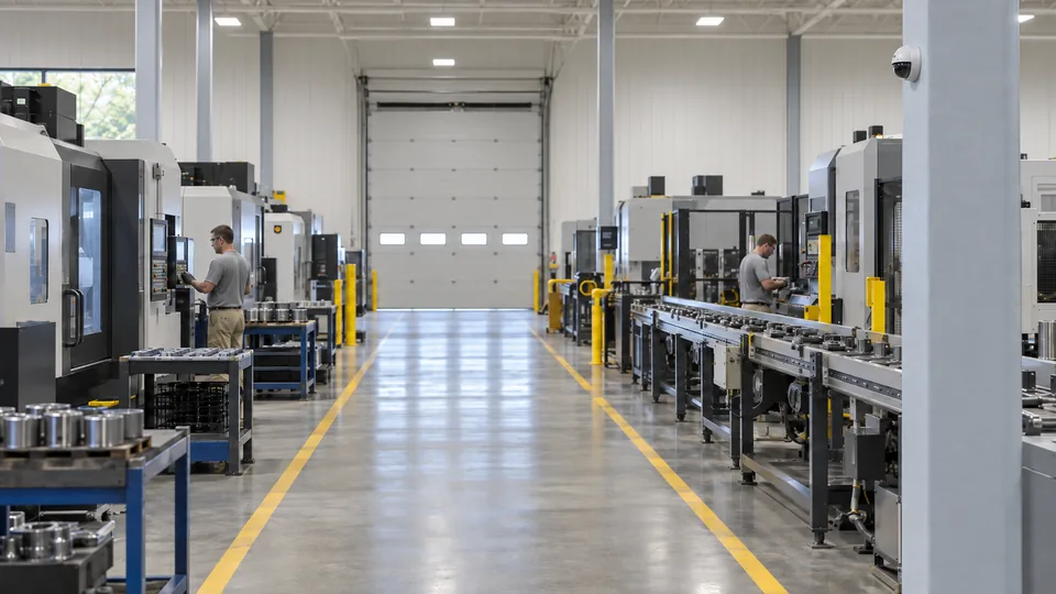 Manufacturing plant floor with a white dome camera flush on a steel column covering the production aisle