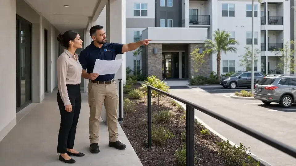 Illustrative property manager and security consultant reviewing plans beside a shared parking area.
