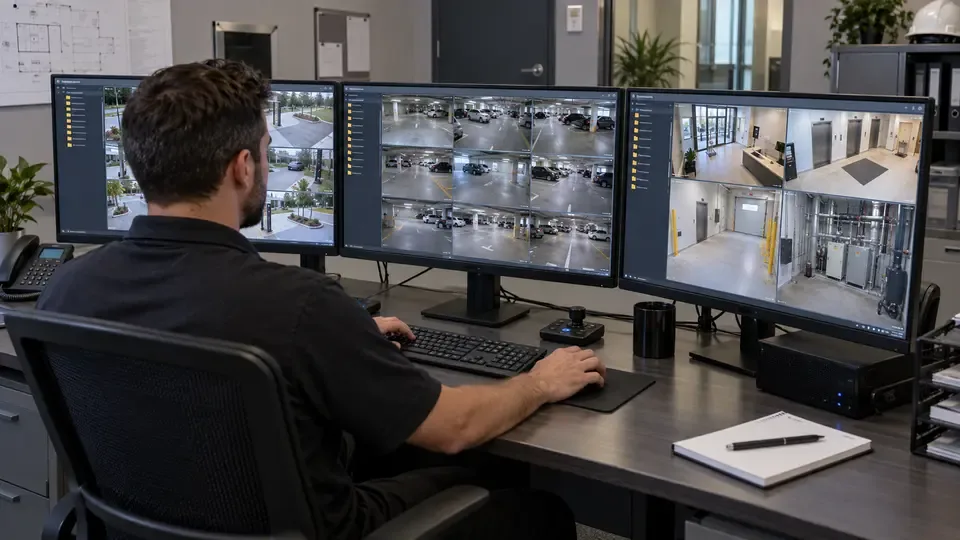 Operator reviewing camera views at a monitoring workstation