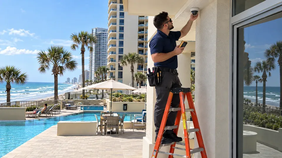 Data Pro technician on an orange ladder testing an exterior camera at a coastal property while guests use the building.