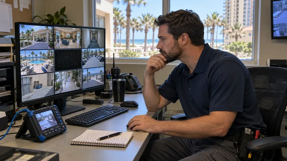 Data Pro technician reproducing a camera fault at a monitoring desk with a CCTV tester and a camera grid showing one failing channel.