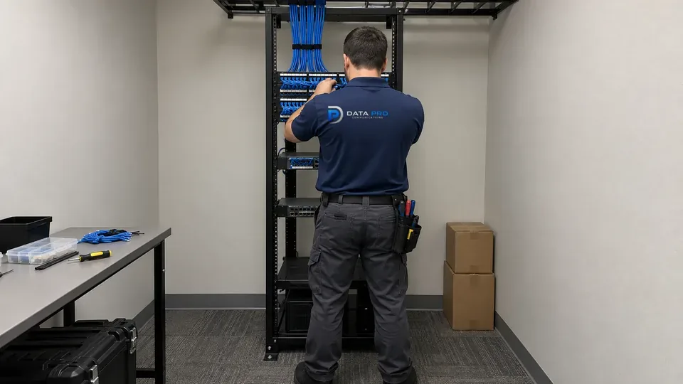 Data Pro technician terminating blue Cat6 cables on a patch panel in a two-post rack inside a closed telecom room