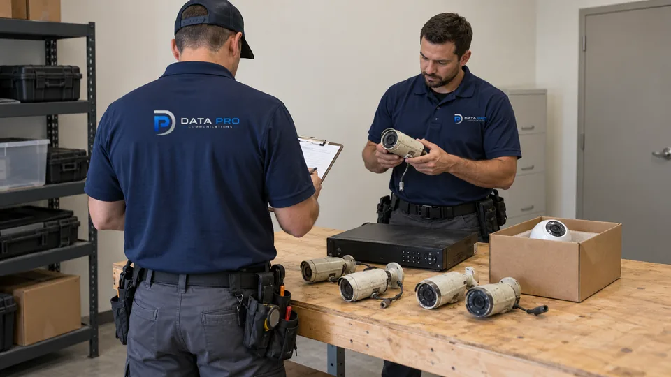 Two Data Pro technicians inventorying legacy analog cameras and a DVR next to a new IP camera before an upgrade