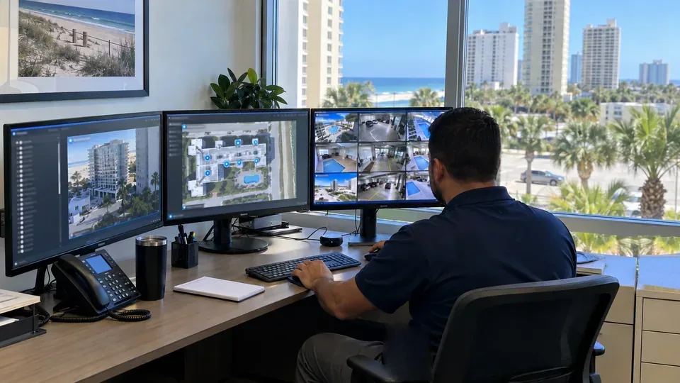 Data Pro technician at a video management workstation with camera views from several coastal buildings grouped by site.