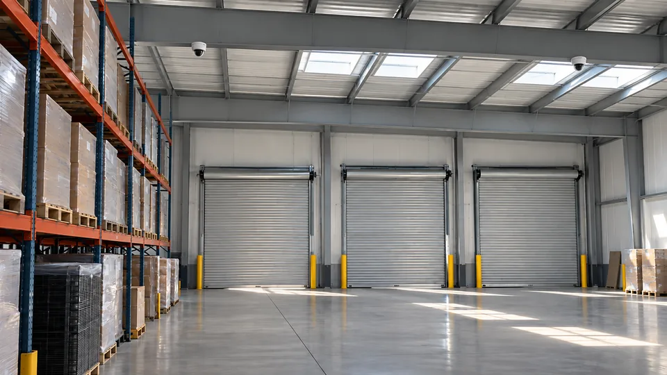 Warehouse interior with roll-up loading doors and pallet racks covered by white dome cameras on the roof beams