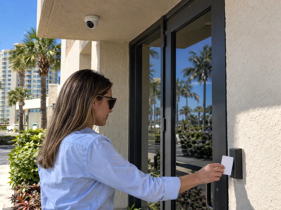 Employee presenting a badge to a card reader beside the glass entrance of a coastal office building