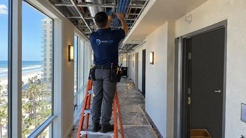 Data Pro technician placing cable in an open-ceiling tray during a hotel corridor renovation in Daytona Beach.