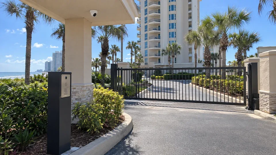 Coastal condominium vehicle entrance with a slide gate, video intercom pedestal and a dome camera mounted flush under the gate canopy