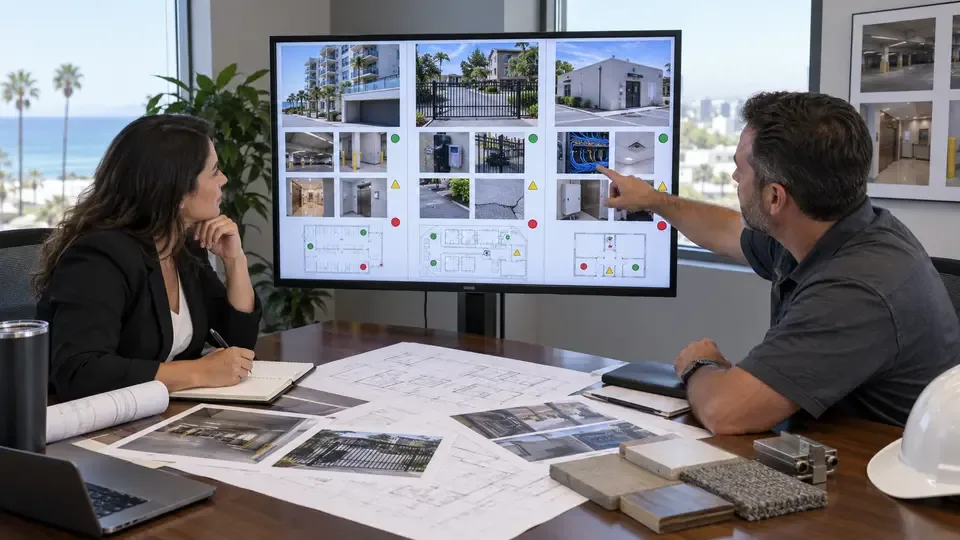 Data Pro technician reviewing a multi-property camera and access plan with a property manager in a coastal office.