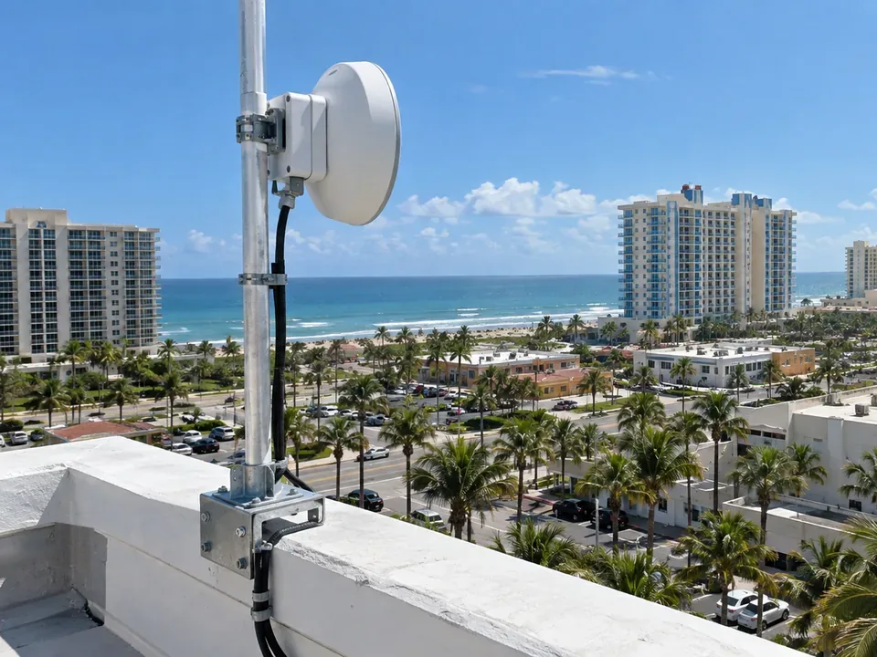 Rooftop point-to-point wireless radio aligned across the Daytona Beach skyline toward a second commercial building.