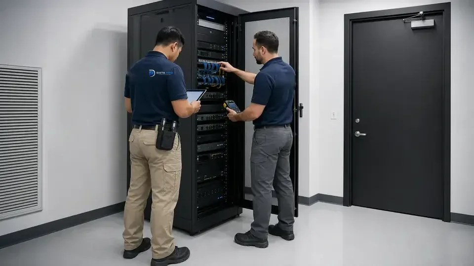 Illustrative Data Pro technicians assessing an organized camera system for an upgrade.