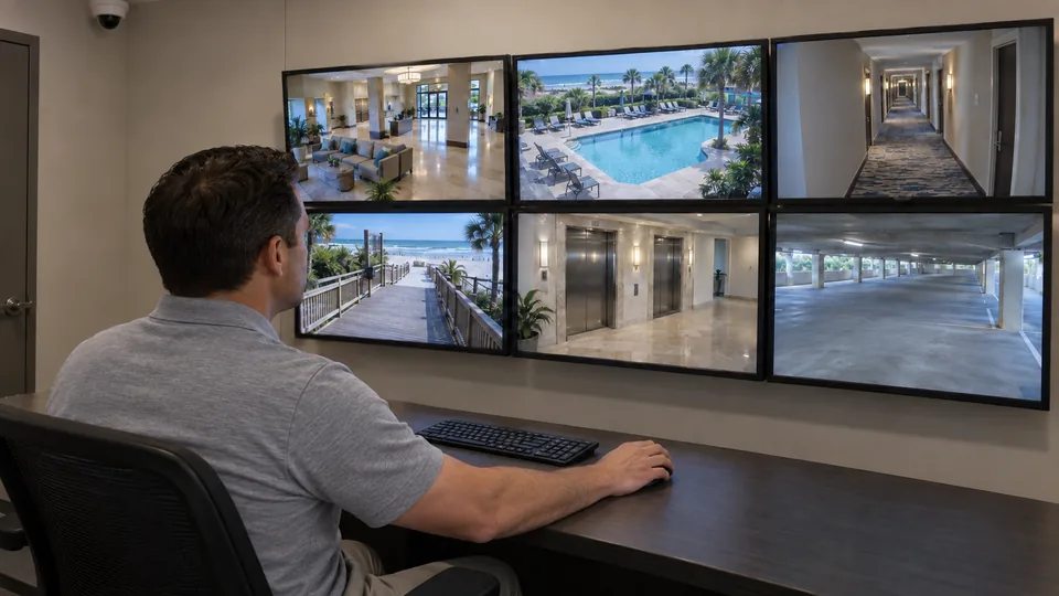 Hotel security staff member in a casual polo reviewing live video on a wall of camera monitors