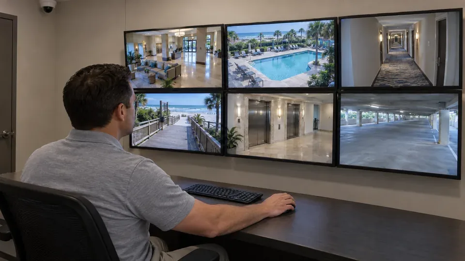 Hotel security staff member in a casual polo reviewing live video on a wall of camera monitors