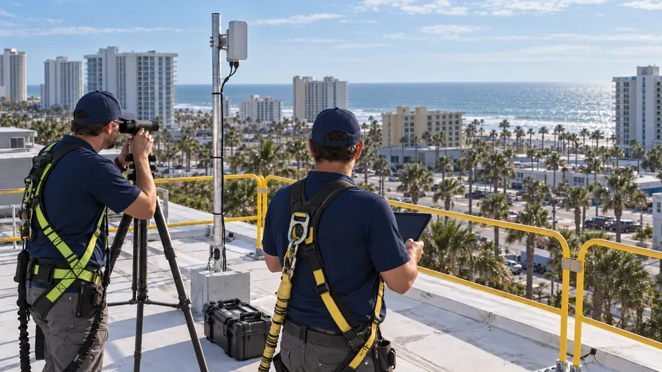 Two technicians surveying a rooftop line of sight for a point-to-point wireless bridge between coastal buildings