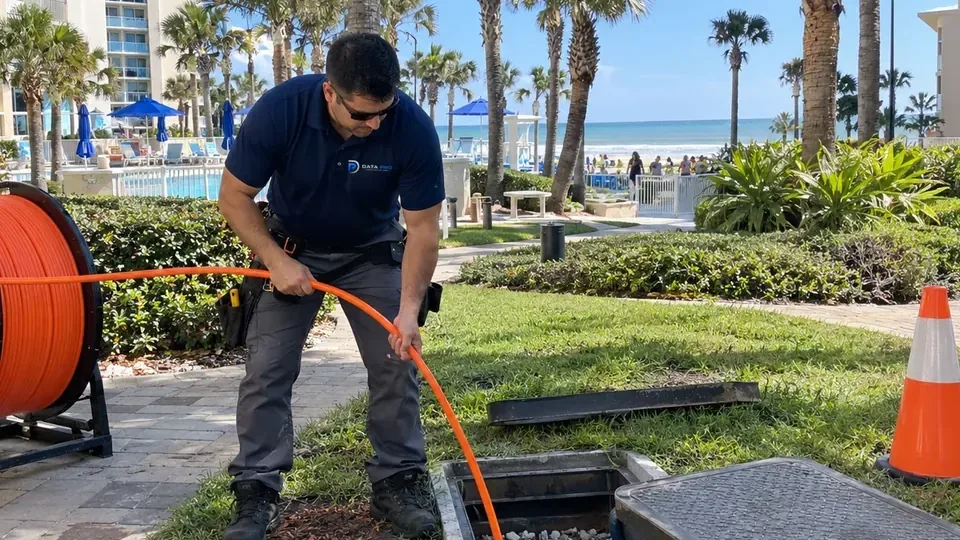 Data Pro technician feeding fiber innerduct into an underground pull box between two coastal commercial buildings