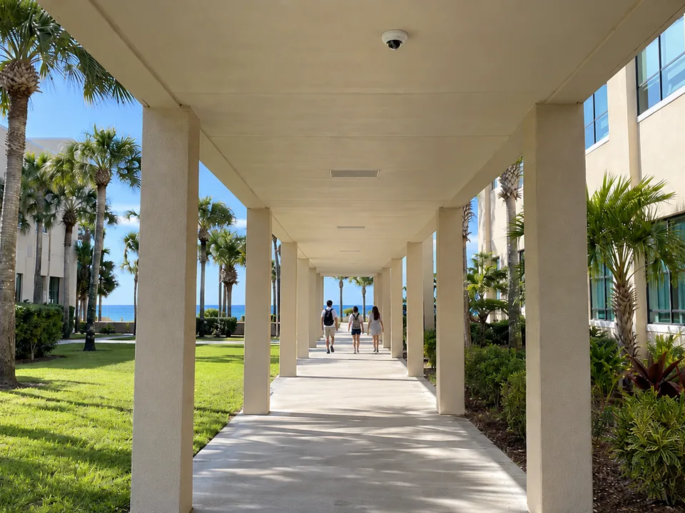 Campus covered walkway with a dome camera mounted flush under the walkway roof