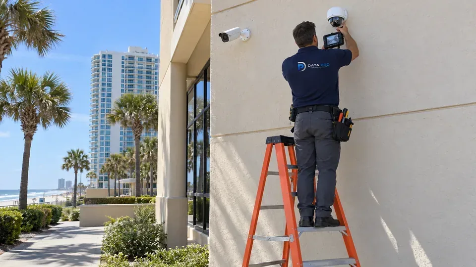Data Pro technician on an orange ladder beside a legacy analog camera and a new IP camera on a commercial wall