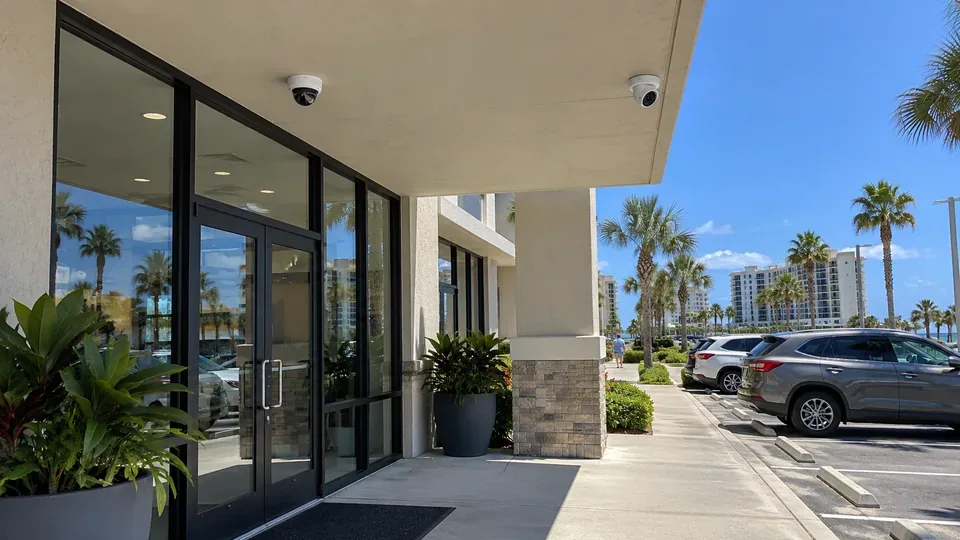 Commercial storefront entrance in Daytona Beach with cameras mounted under the canopy covering the entry and vehicle approach