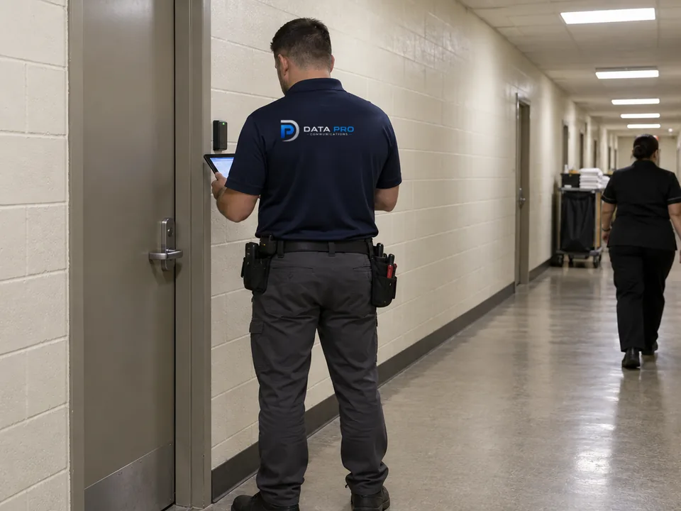 Data Pro technician commissioning a card reader at a hotel back-of-house staff door