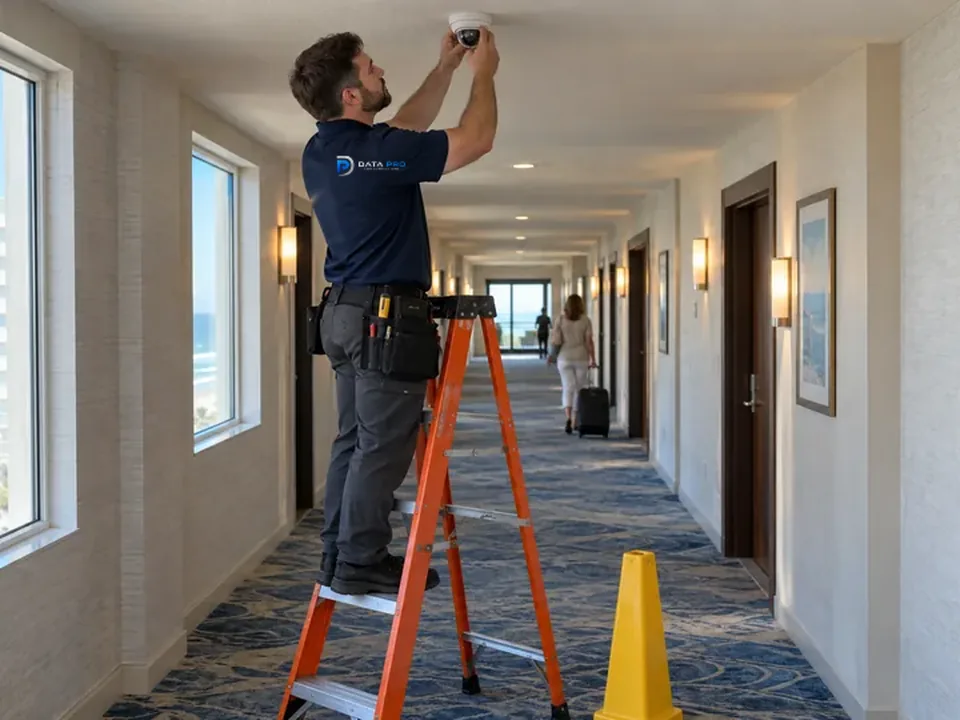 Data Pro technician on an orange ladder servicing a corridor camera in an occupied hotel