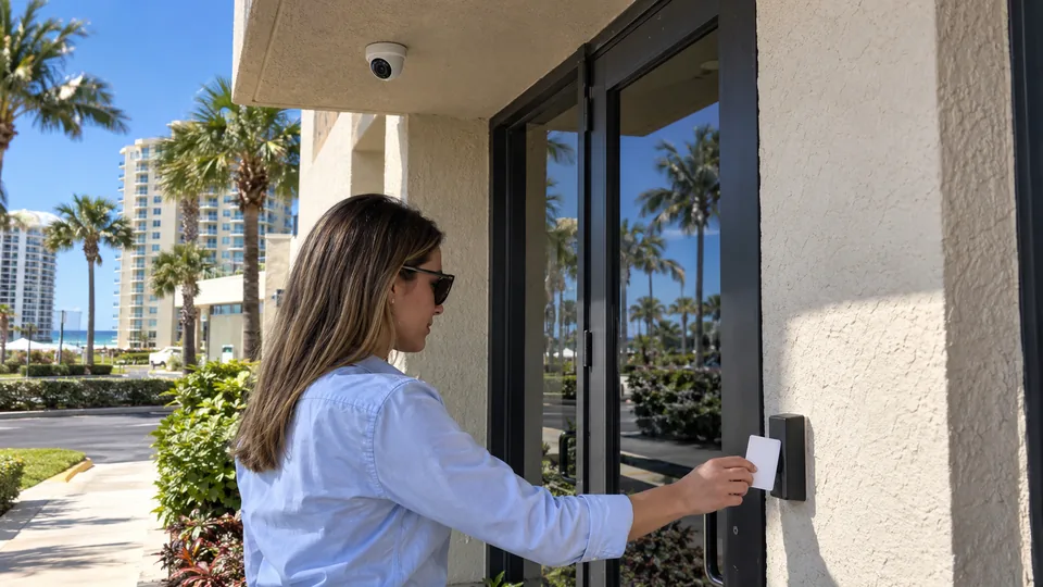 Employee presenting a badge to a card reader beside the glass entrance of a professional office building